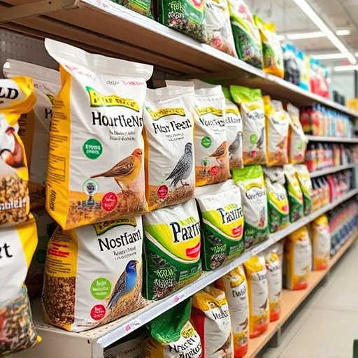 Retail shelf stacked with bird seed bags
