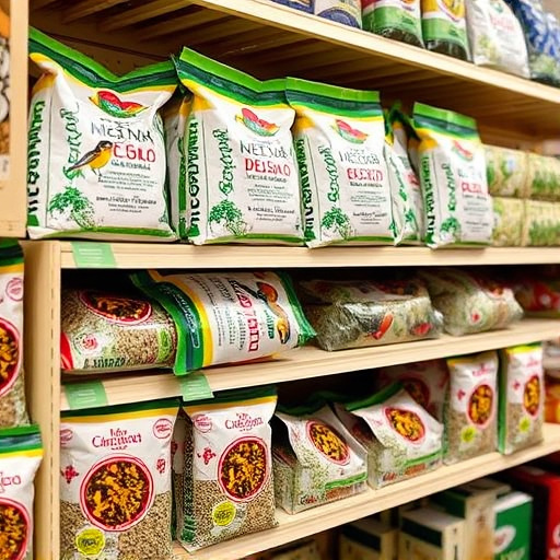 Retail shelf stacked with bird seed bags