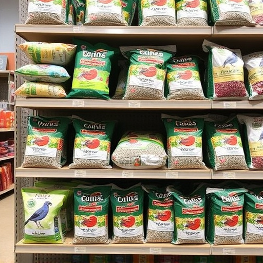 Retail shelf stacked with bird seed bags