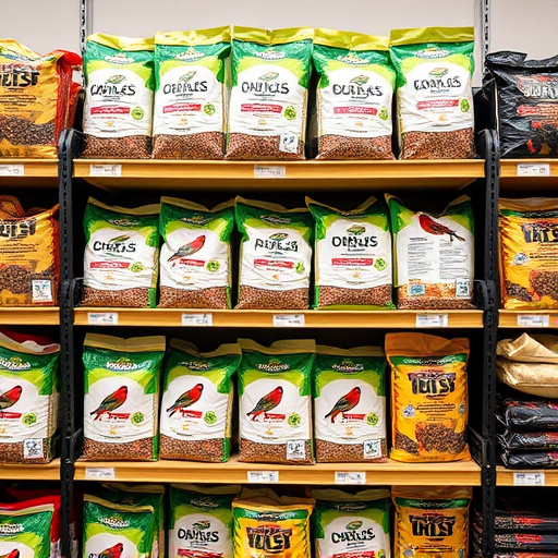Retail shelf stacked with bird seed bags