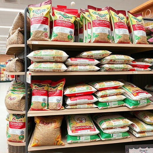 Retail shelf stacked with bird seed bags