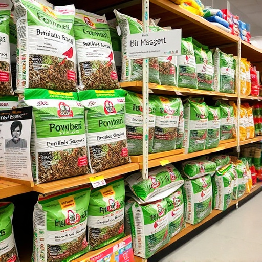 Retail shelf stacked with bird seed bags