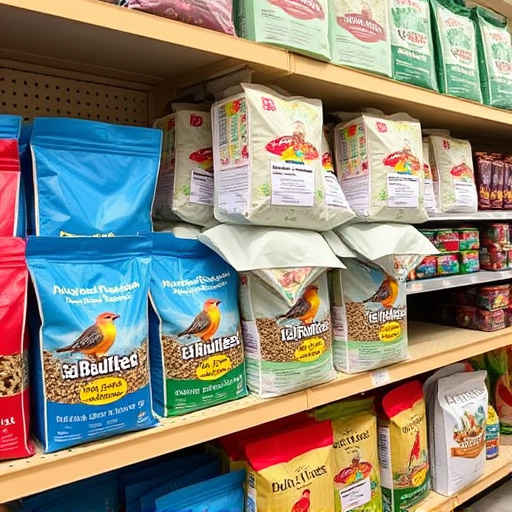 Retail shelf stacked with bird seed bags