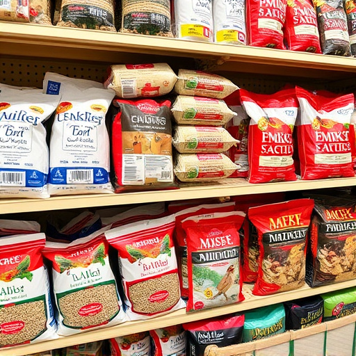 Retail shelf stacked with bird seed bags