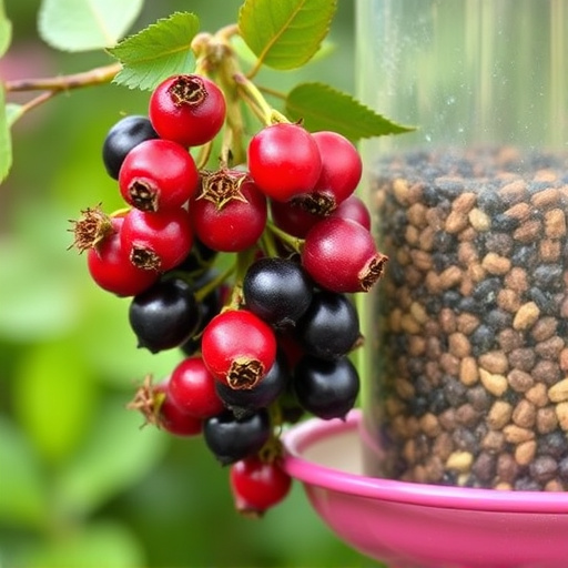 Ripe berries on garden bird feeder