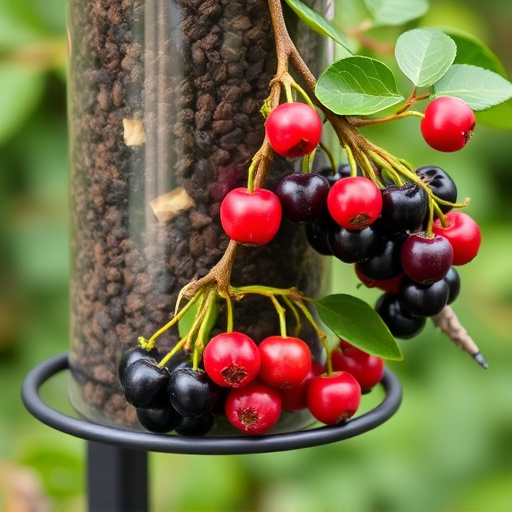 Ripe berries on garden bird feeder