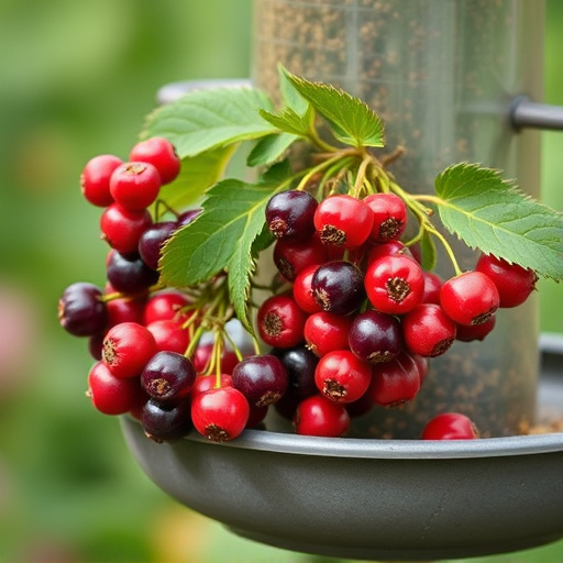 Ripe berries on garden bird feeder