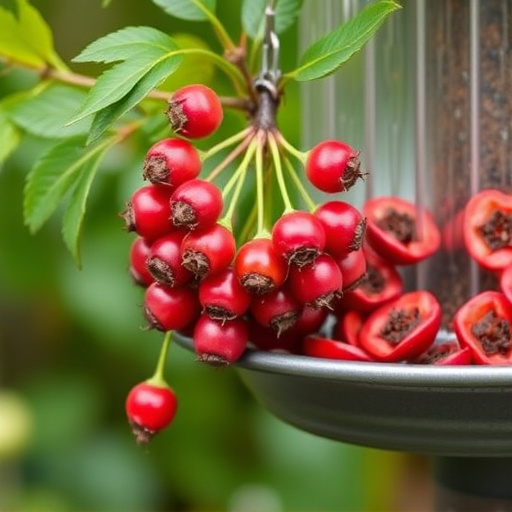 Ripe berries on garden bird feeder
