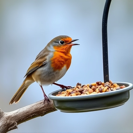 Robin eating from suet pellet feeder