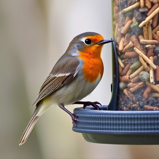 Robin eating from suet pellet feeder