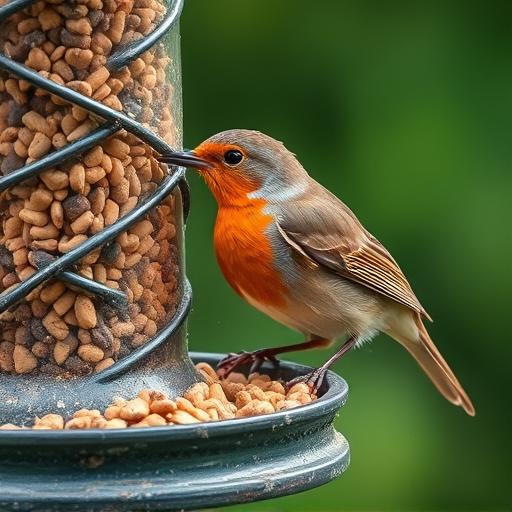 Robin eating from suet pellet feeder