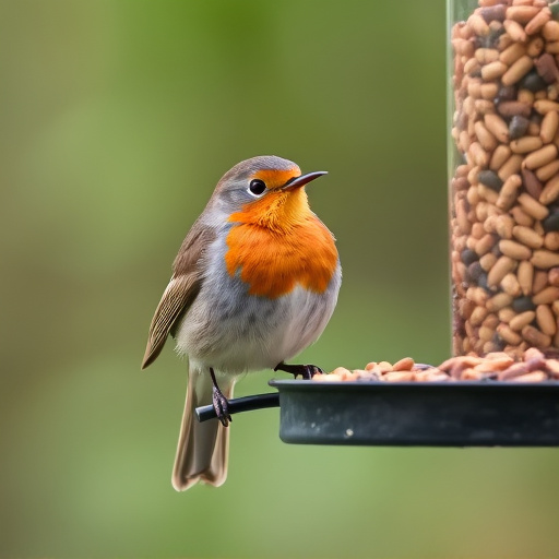 Robin eating from suet pellet feeder