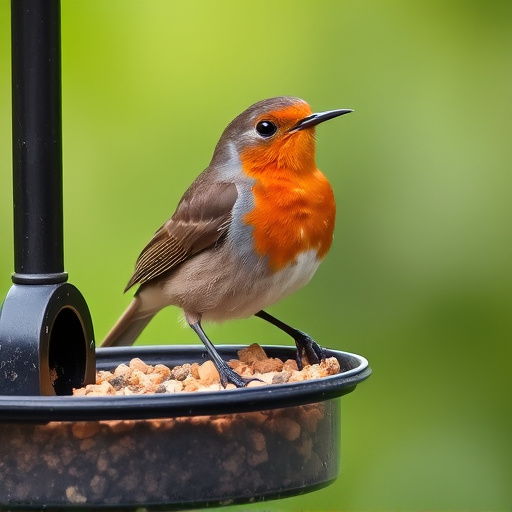 Robin eating from suet pellet feeder