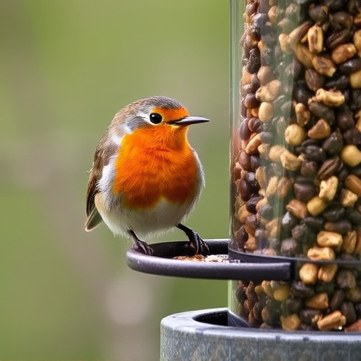 Robin eating from suet pellet feeder