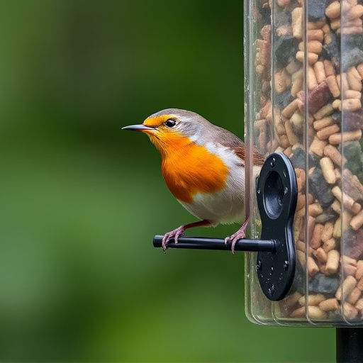 Robin eating from suet pellet feeder
