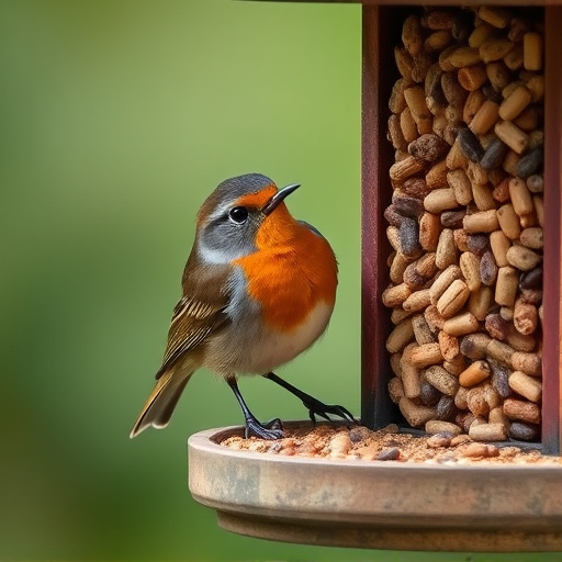 Robin eating from suet pellet feeder