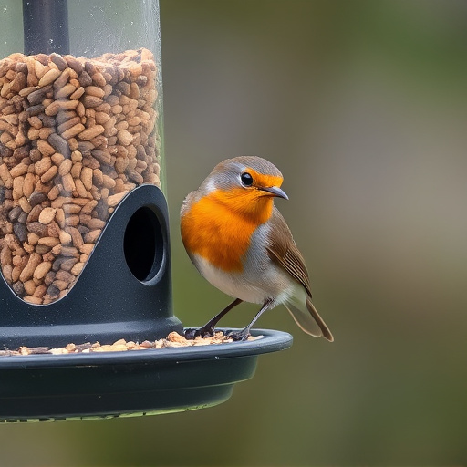 Robin eating from suet pellet feeder