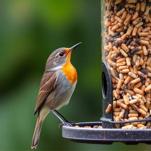 Robin eating from suet pellet feeder