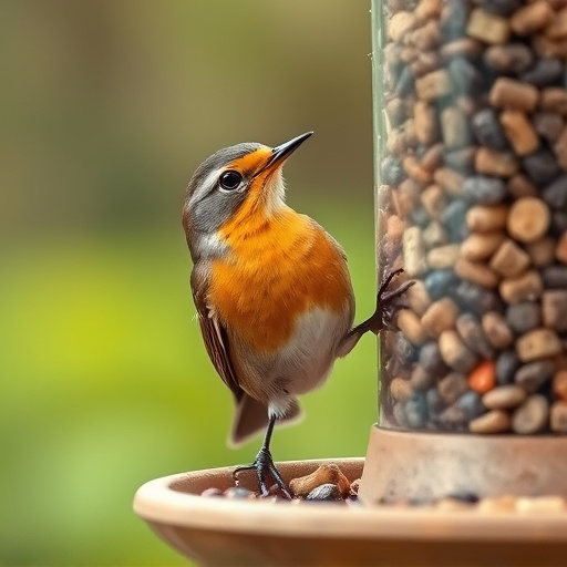 Robin eating from suet pellet feeder