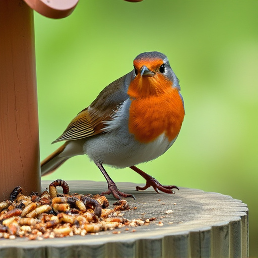 Robin eating mealworms from bird table