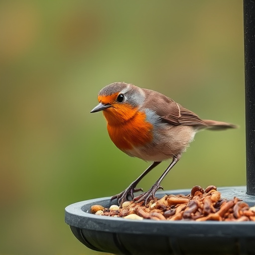 Robin eating mealworms from bird table