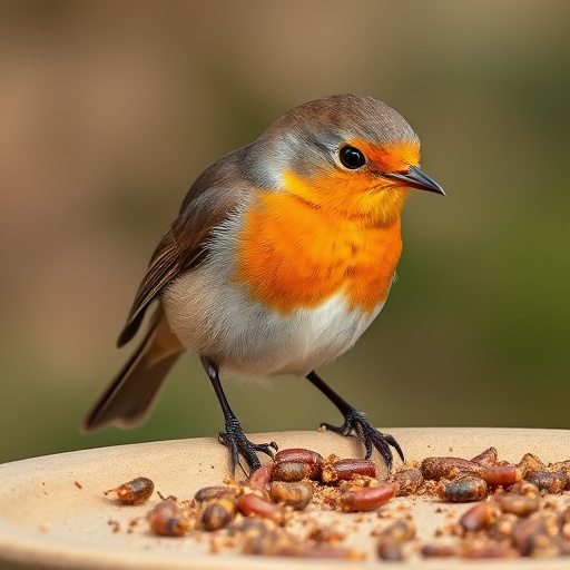 Robin eating mealworms from bird table