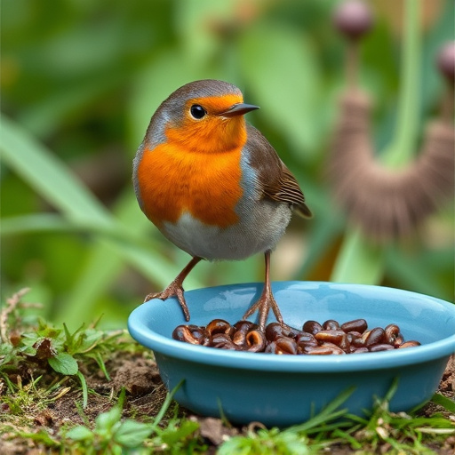 Robin eating mealworms from garden dish