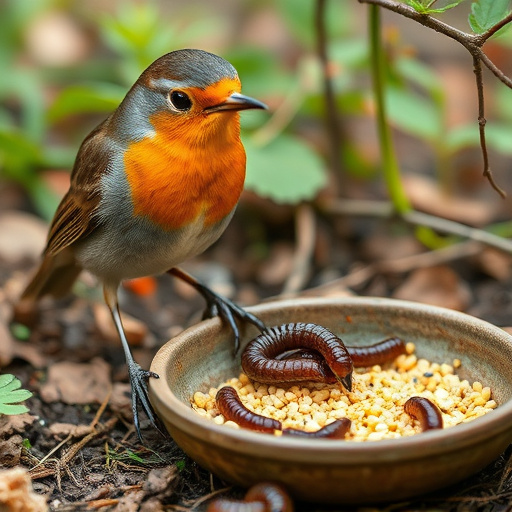 Robin eating mealworms from garden dish