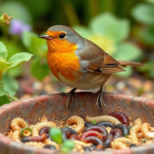 Robin eating mealworms from garden dish