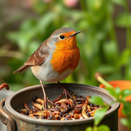 Robin eating mealworms from garden dish