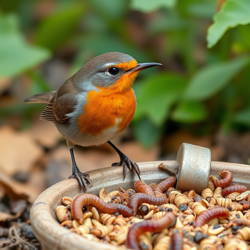 Robin eating mealworms from garden dish
