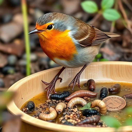 Robin eating mealworms from garden dish