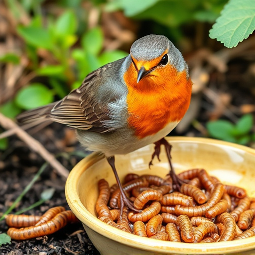Robin eating mealworms from garden dish