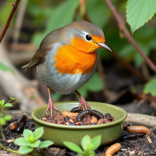 Robin eating mealworms from garden dish