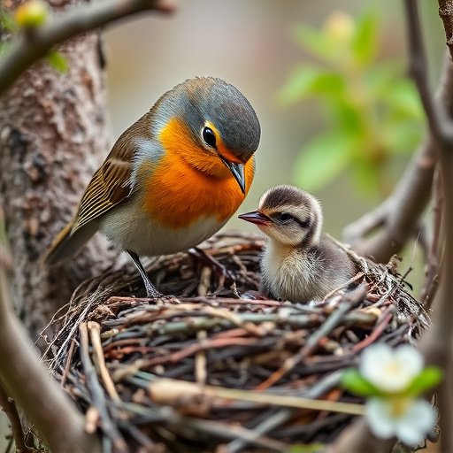 Robin feeding chick in spring nest