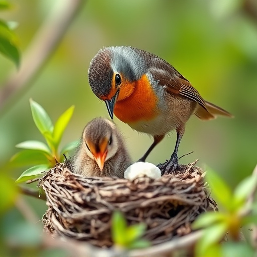 Robin feeding chick in spring nest