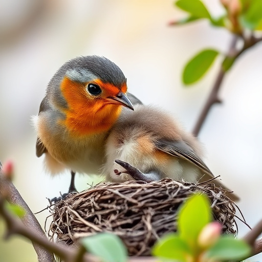 Robin feeding chick in spring nest