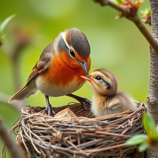 Robin feeding chick in spring nest