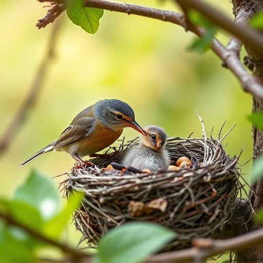 Robin feeding chick in spring nest