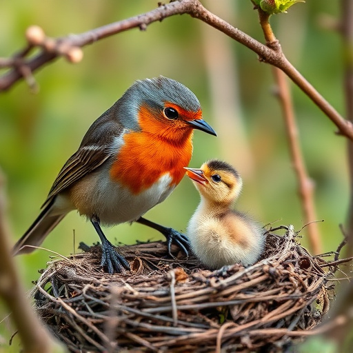 Robin feeding chick in spring nest