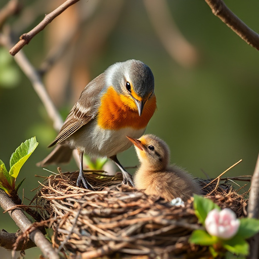Robin feeding chick in spring nest
