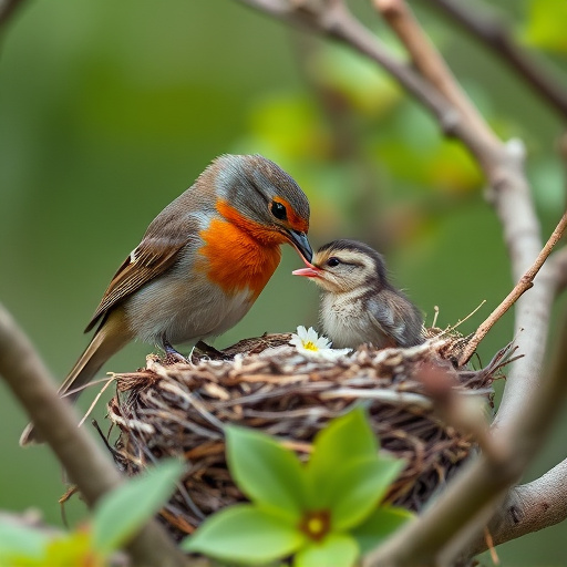 Robin feeding chick in spring nest