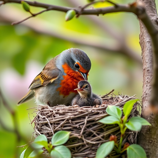 Robin feeding chick in spring nest