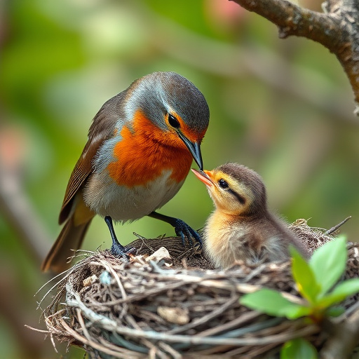 Robin feeding chick in spring nest