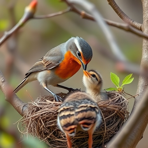 Robin feeding chick in spring nest