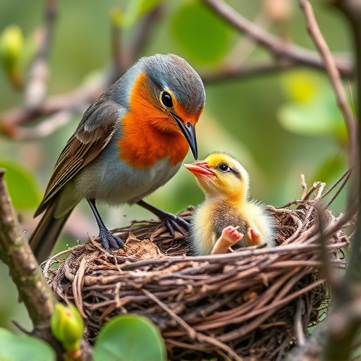 Robin feeding chick in spring nest