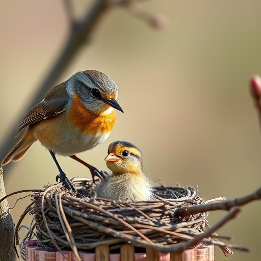 Robin feeding chick in spring nest