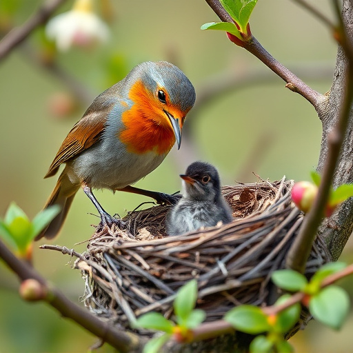 Robin feeding chick in spring nest