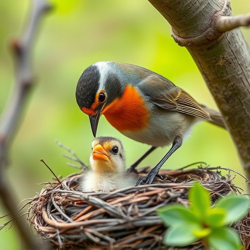 Robin feeding chick in spring nest