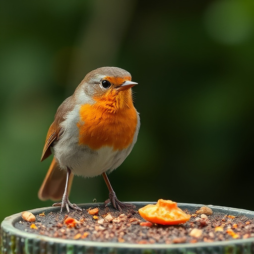 Robin feeding from low dish of suet